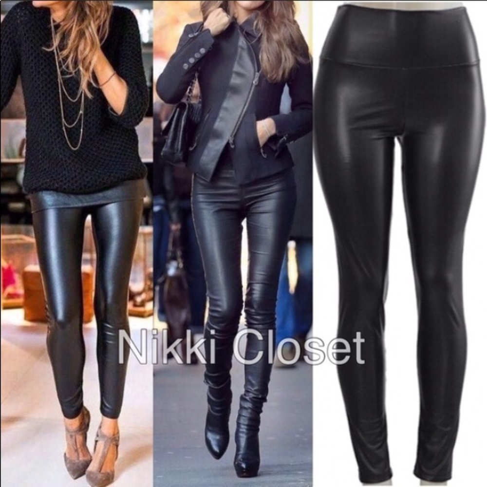Faux Leather Leggings Pants Black High Waist Tummy Control LINED - Picture 4 of 6